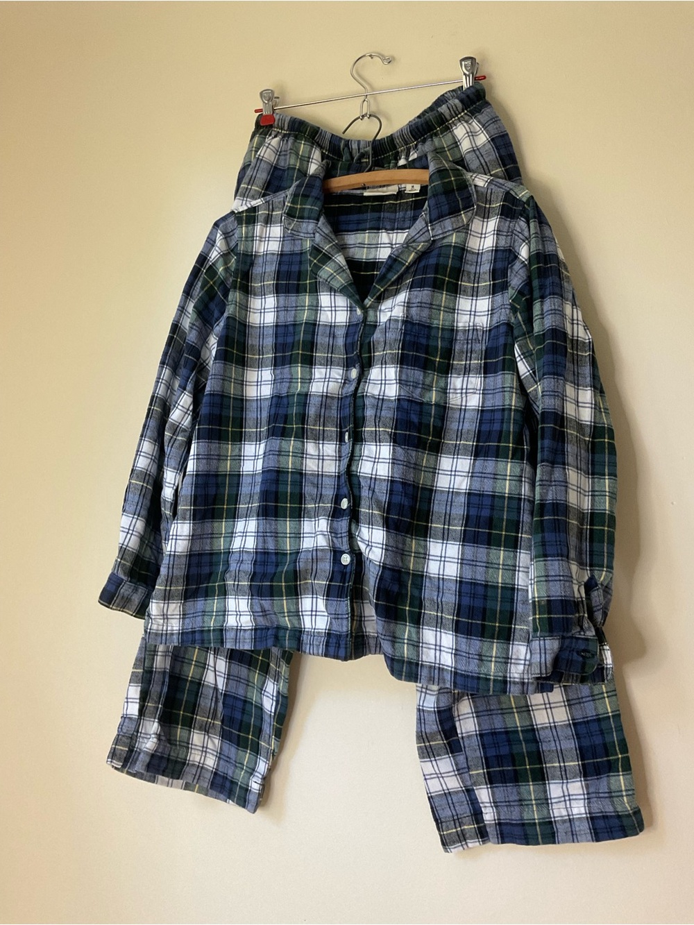 L.L. Bean Navy, Green and White Plaid Flannel Pajama Set